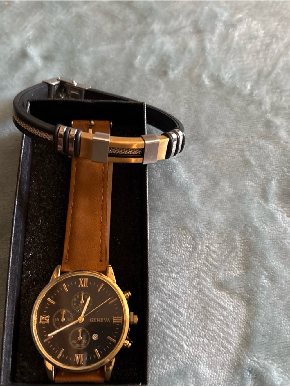 Geneva Gold-Tone Case Watch with Black Dial and Brown Strap